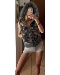 Gilet in pelliccia sintetica con cappuccio Foglie Rosse Tg L